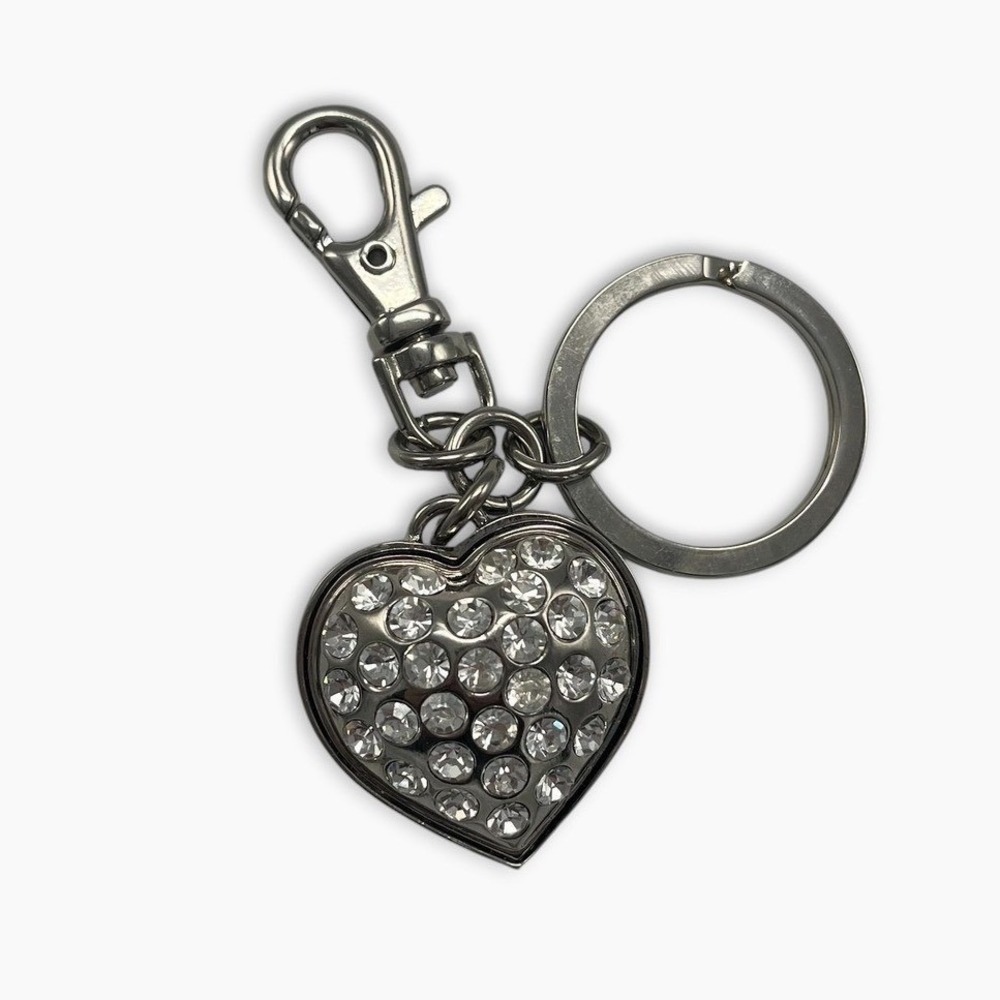 TOVA Beverly Hills Silver Tone Rhinestone Heart Keychain Bag Charm Accessory